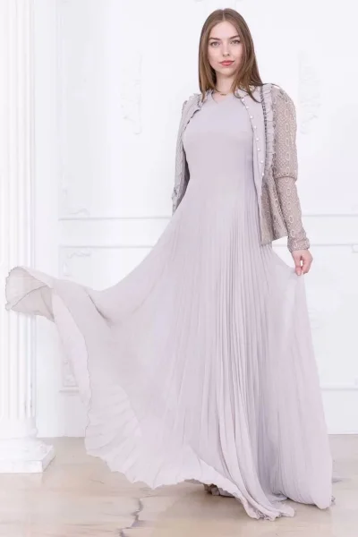 Dantelli Ceket ve Piliseli Elbiseli Şifon Abiye 2729-Bej