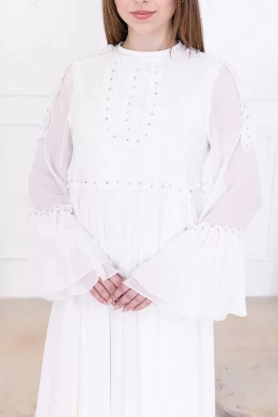 Fırfır Detaylı Boncuk İşlemeli Şifon Abiye 2730-Beyaz