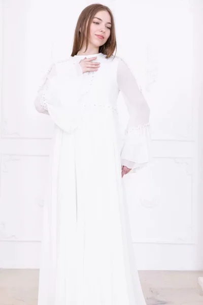 Fırfır Detaylı Boncuk İşlemeli Şifon Abiye 2730-Beyaz