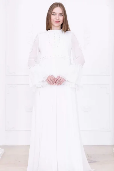 Fırfır Detaylı Boncuk İşlemeli Şifon Abiye 2730-Beyaz