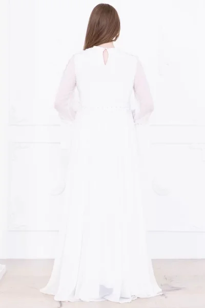 Fırfır Detaylı Boncuk İşlemeli Şifon Abiye 2730-Beyaz