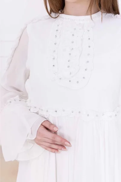 Fırfır Detaylı Boncuk İşlemeli Şifon Abiye 2730-Beyaz