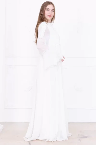 Fırfır Detaylı Boncuk İşlemeli Şifon Abiye 2730-Beyaz