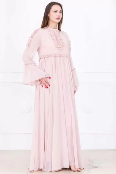 Fırfır Detaylı Boncuk İşlemeli Şifon Abiye 2730-Pudra