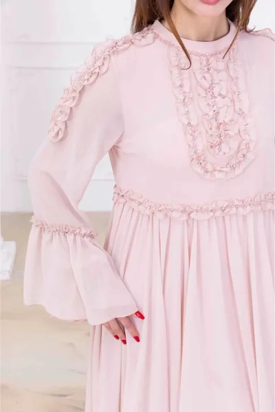 Fırfır Detaylı Boncuk İşlemeli Şifon Abiye 2730-Pudra