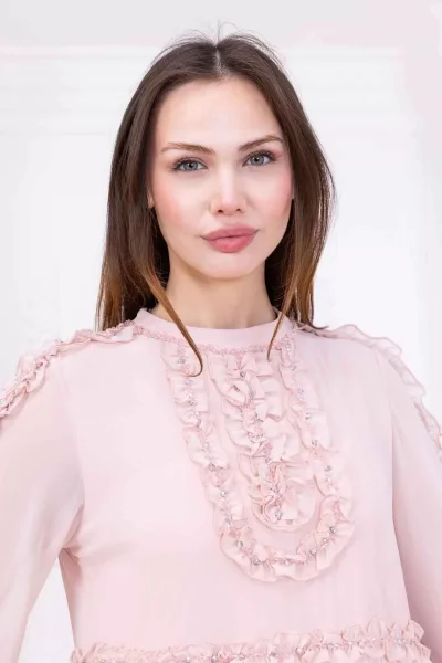 Fırfır Detaylı Boncuk İşlemeli Şifon Abiye 2730-Pudra