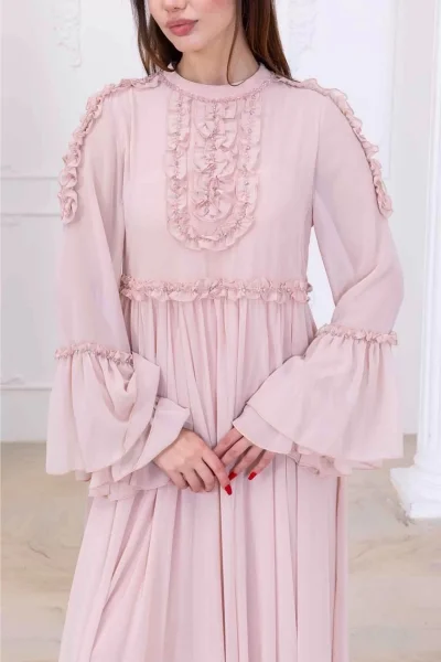 Fırfır Detaylı Boncuk İşlemeli Şifon Abiye 2730-Pudra