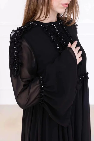 Fırfır Detaylı Boncuk İşlemeli Şifon Abiye 2730-Siyah