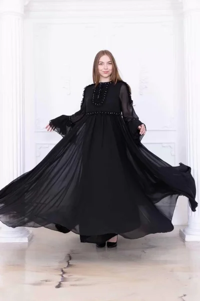 Fırfır Detaylı Boncuk İşlemeli Şifon Abiye 2730-Siyah