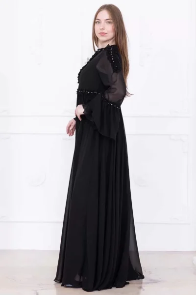 Fırfır Detaylı Boncuk İşlemeli Şifon Abiye 2730-Siyah