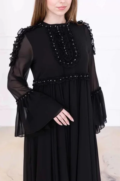 Fırfır Detaylı Boncuk İşlemeli Şifon Abiye 2730-Siyah