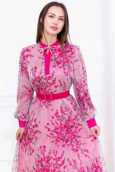 Yaka Bağlama Detaylı Boncuk İşlemeli Şifon Elbise 2735-Fuşya