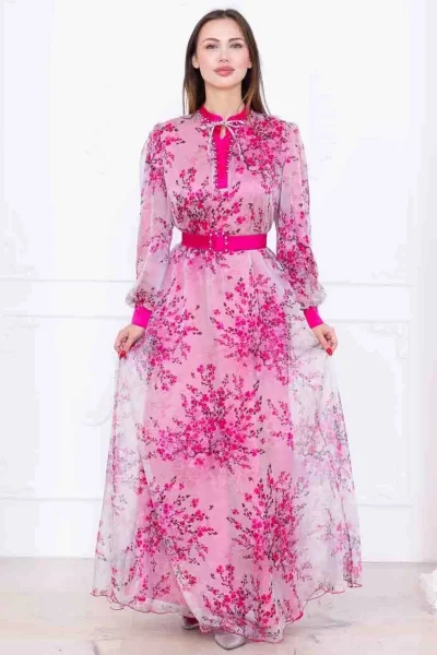 Yaka Bağlama Detaylı Boncuk İşlemeli Şifon Elbise 2735-Fuşya