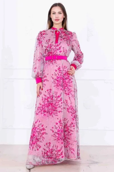 Yaka Bağlama Detaylı Boncuk İşlemeli Şifon Elbise 2735-Fuşya