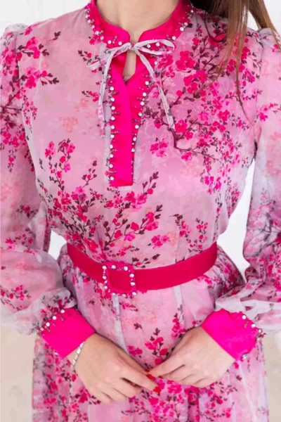 Yaka Bağlama Detaylı Boncuk İşlemeli Şifon Elbise 2735-Fuşya