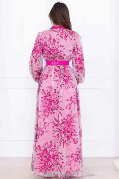 Yaka Bağlama Detaylı Boncuk İşlemeli Şifon Elbise 2735-Fuşya