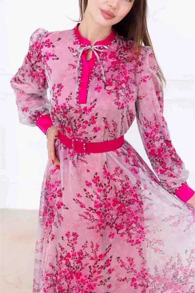 Yaka Bağlama Detaylı Boncuk İşlemeli Şifon Elbise 2735-Fuşya