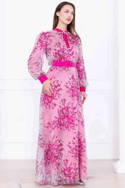 Yaka Bağlama Detaylı Boncuk İşlemeli Şifon Elbise 2735-Fuşya