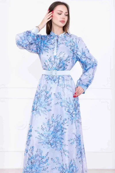 Yaka Bağlama Detaylı Boncuk İşlemeli Şifon Elbise 2735-Mavi