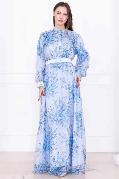 Yaka Bağlama Detaylı Boncuk İşlemeli Şifon Elbise 2735-Mavi