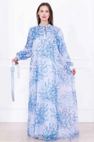 Yaka Bağlama Detaylı Boncuk İşlemeli Şifon Elbise 2735-Mavi