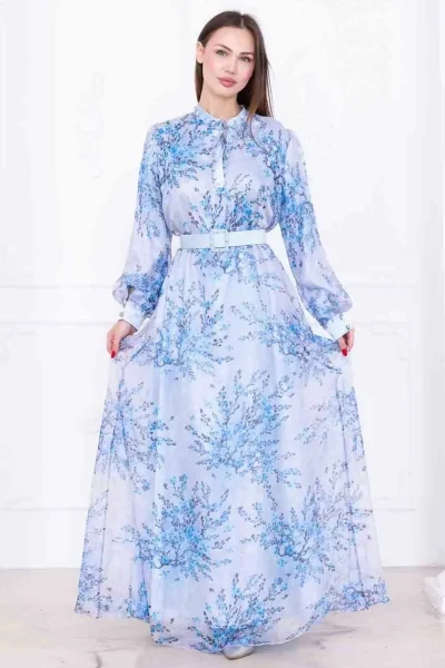 Yaka Bağlama Detaylı Boncuk İşlemeli Şifon Elbise 2735-Mavi