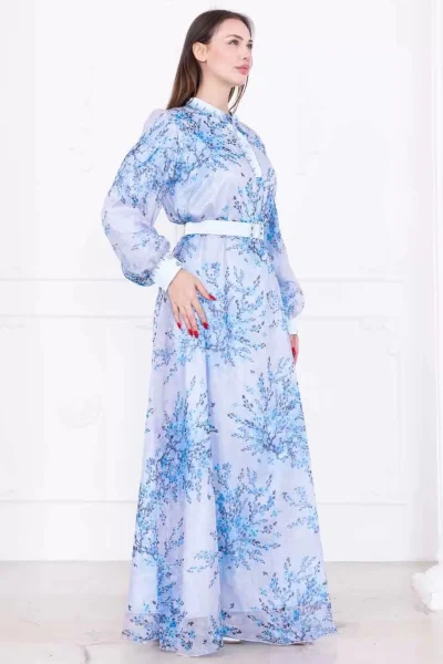 Yaka Bağlama Detaylı Boncuk İşlemeli Şifon Elbise 2735-Mavi