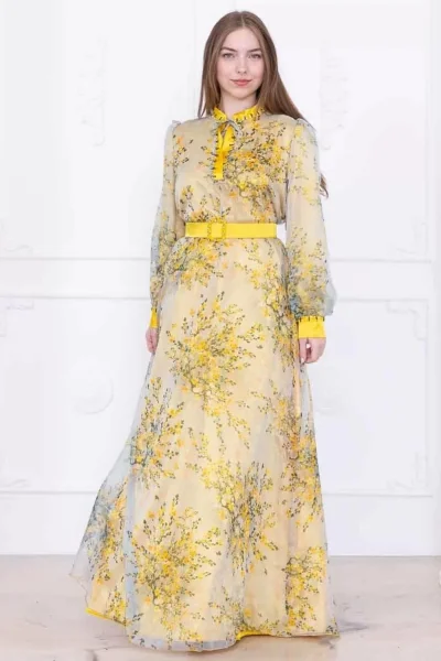 Yaka Bağlama Detaylı Boncuk İşlemeli Şifon Elbise 2735-Sarı