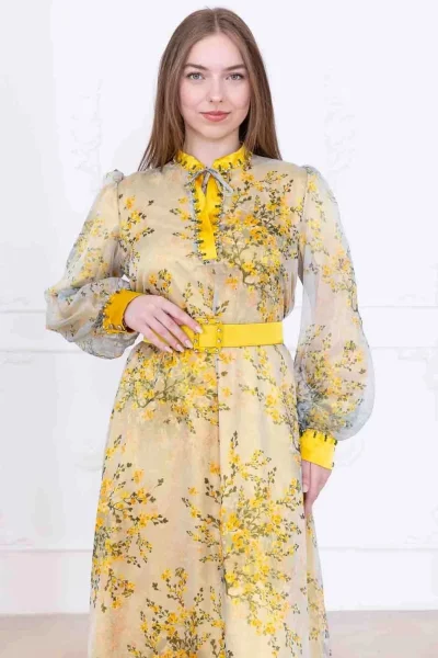 Yaka Bağlama Detaylı Boncuk İşlemeli Şifon Elbise 2735-Sarı