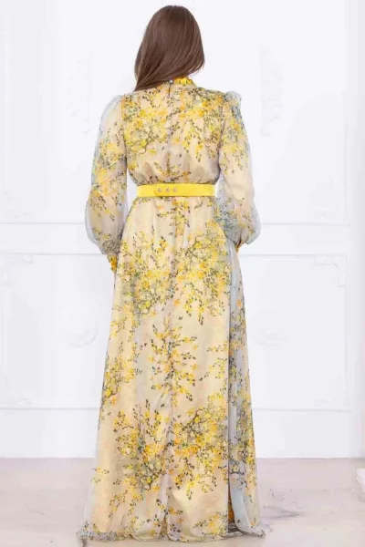 Yaka Bağlama Detaylı Boncuk İşlemeli Şifon Elbise 2735-Sarı