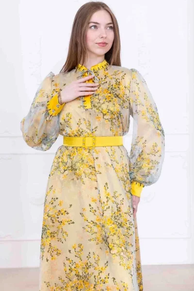 Yaka Bağlama Detaylı Boncuk İşlemeli Şifon Elbise 2735-Sarı