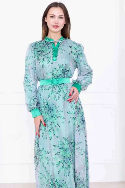 Yaka Bağlama Detaylı Boncuk İşlemeli Şifon Elbise 2735-Yeşil