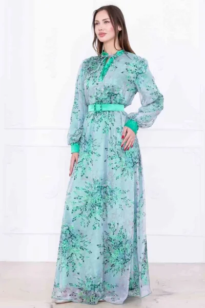 Yaka Bağlama Detaylı Boncuk İşlemeli Şifon Elbise 2735-Yeşil