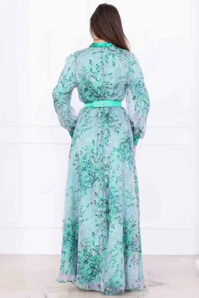 Yaka Bağlama Detaylı Boncuk İşlemeli Şifon Elbise 2735-Yeşil