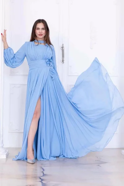 Yaka ve Çiçek Detaylı Abiye Elbise 2740-Bebe Mavisi