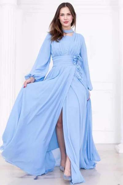 Yaka ve Çiçek Detaylı Abiye Elbise 2740-Bebe Mavisi