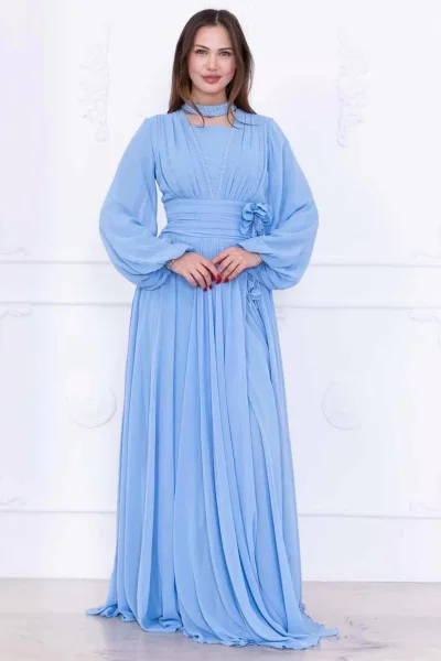 Yaka ve Çiçek Detaylı Abiye Elbise 2740-Bebe Mavisi