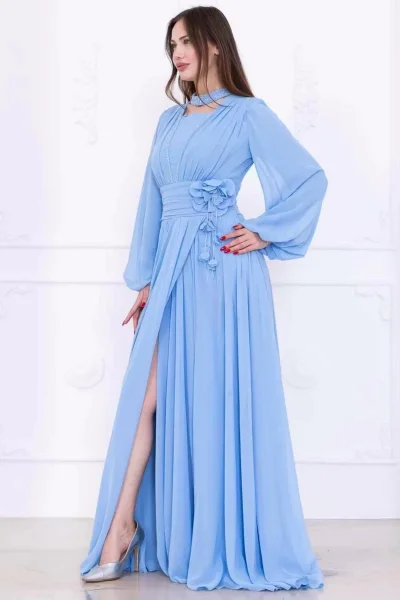 Yaka ve Çiçek Detaylı Abiye Elbise 2740-Bebe Mavisi