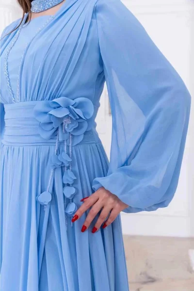 Yaka ve Çiçek Detaylı Abiye Elbise 2740-Bebe Mavisi