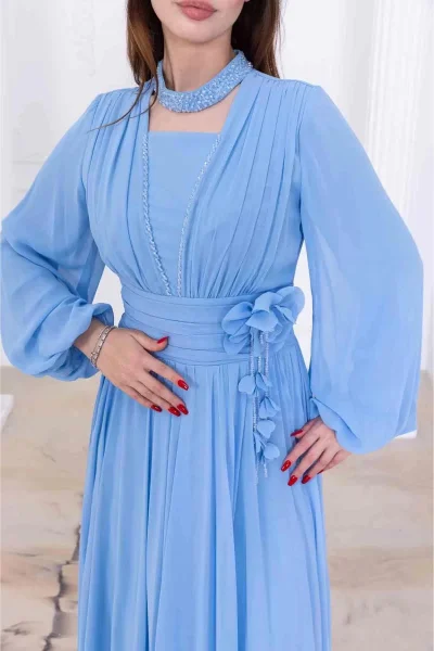 Yaka ve Çiçek Detaylı Abiye Elbise 2740-Bebe Mavisi