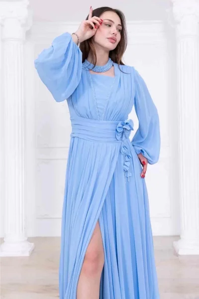 Yaka ve Çiçek Detaylı Abiye Elbise 2740-Bebe Mavisi