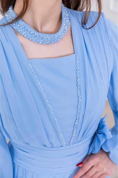 Yaka ve Çiçek Detaylı Abiye Elbise 2740-Bebe Mavisi