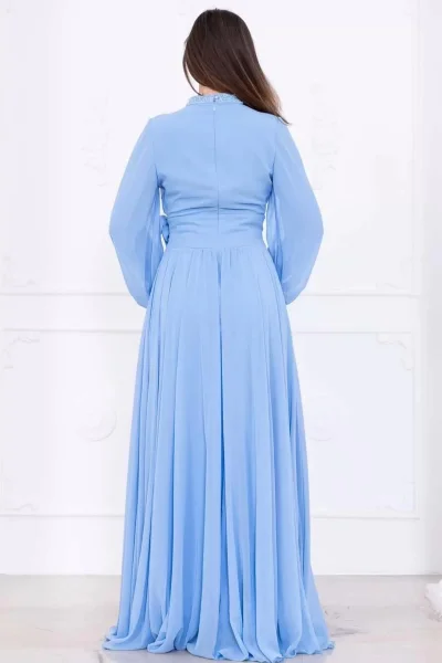 Yaka ve Çiçek Detaylı Abiye Elbise 2740-Bebe Mavisi