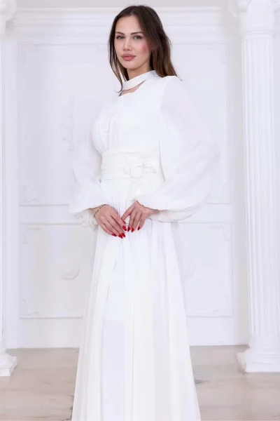 Yaka ve Çiçek Detaylı Abiye Elbise 2740-Beyaz