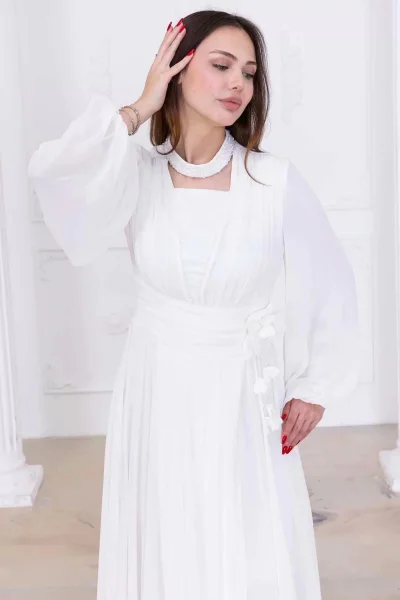 Yaka ve Çiçek Detaylı Abiye Elbise 2740-Beyaz