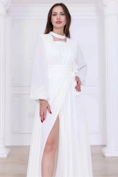 Yaka ve Çiçek Detaylı Abiye Elbise 2740-Beyaz