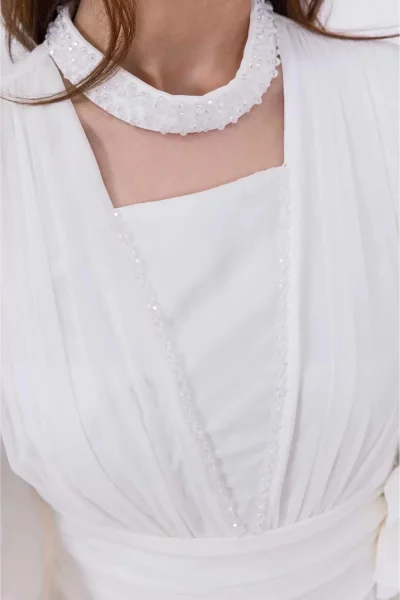 Yaka ve Çiçek Detaylı Abiye Elbise 2740-Beyaz