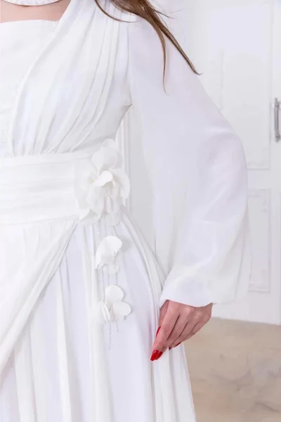 Yaka ve Çiçek Detaylı Abiye Elbise 2740-Beyaz