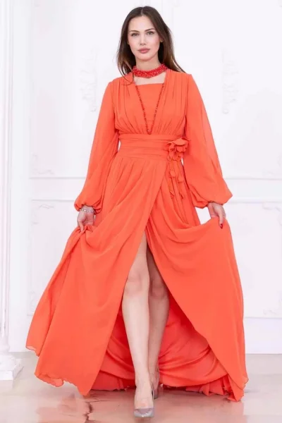 Yaka ve Çiçek Detaylı Abiye Elbise 2740-Oranj