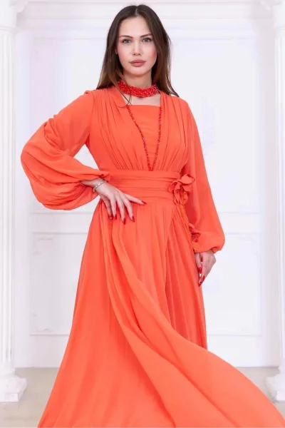 Yaka ve Çiçek Detaylı Abiye Elbise 2740-Oranj
